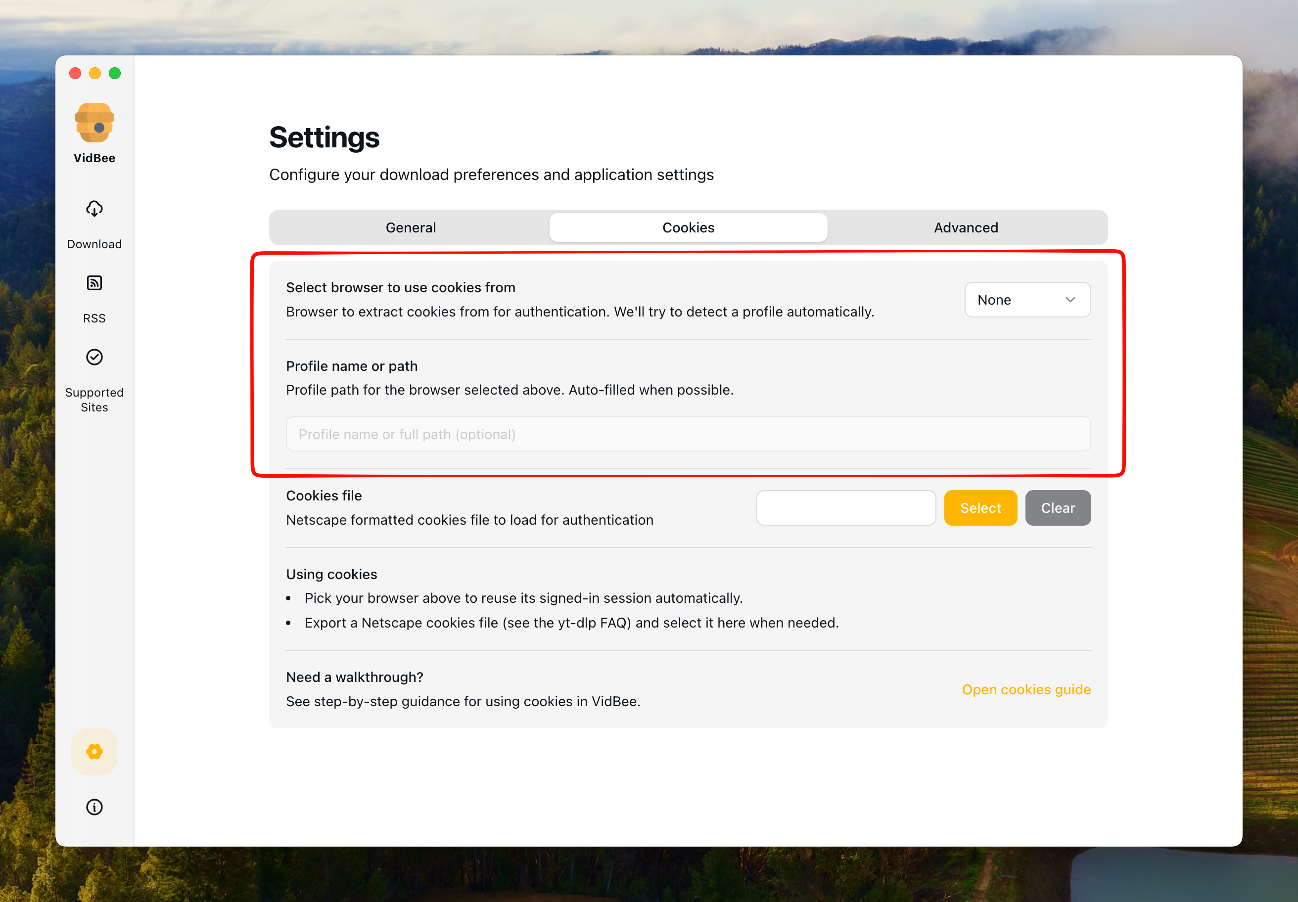 Select browser for cookies